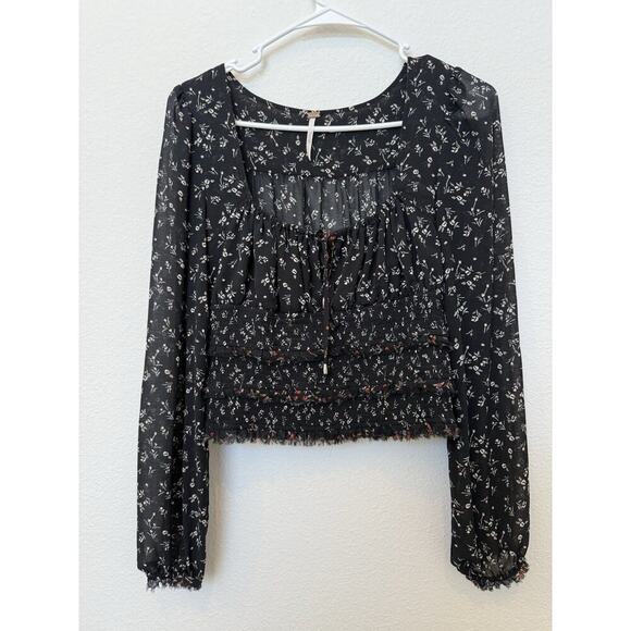 FREE PEOPLE printed floral Black Lolita blouse Small Boho Peasant - Picture 1 of 9